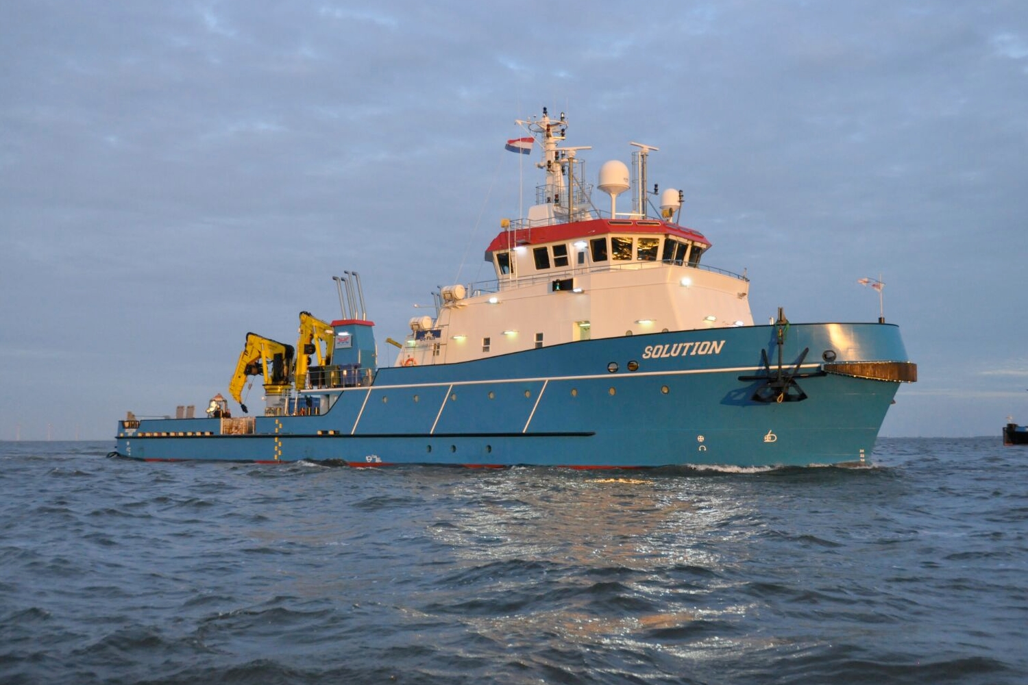 ‘Solution’ during a trial run on the IJsselmeer at dusk.